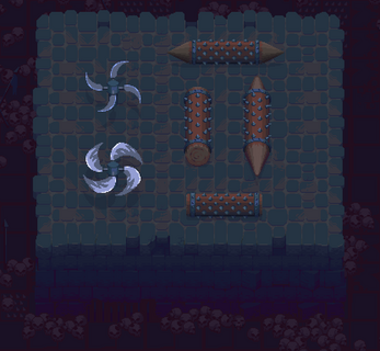 Pixel art dungeon room with spinning blade traps and spiked rolling logs on a stone floor.
