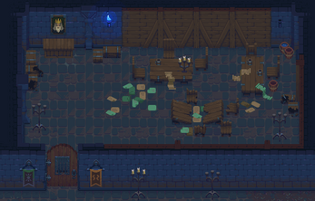 Pixel art dungeon room with wooden tables, scattered papers, barrels, a portrait, and wall banners.
