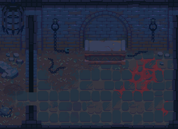 Pixel art dungeon room with a stone bed, chains on the walls, scattered debris, and red stains on the floor.