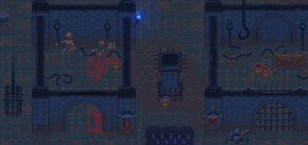 Pixel art dungeon scene with prison cells, skeletons, chains, blood stains, barrels, and a glowing blue torch.