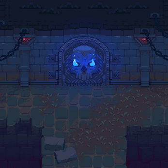 Animated pixel art gate with glowing blue eyes set in a stone wall, flanked by chains and torches.