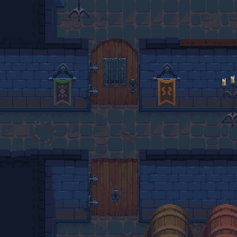 Pixel art dungeon hallway with two wooden doors, colored banners, stone walls, and barrels in the lower right corner.