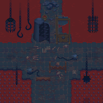Pixel art dungeon scene with torture devices, skeletons, chains, and lava surrounding stone floors.