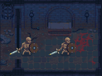Two skeleton warriors with swords and shields in a dark dungeon with chains and a stone bed.
