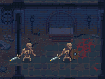 Pixel art dungeon scene with two skeleton warriors holding swords, one with a shield, on a stone floor with blood stains.