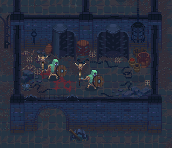 Pixel art dungeon room with skeleton warriors holding shields, bones, chains, and barrels scattered around.