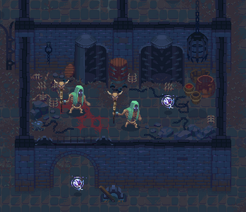 Pixel art dungeon room with two mage skeletons, chains, bones, barrels, and glowing magical orbs.