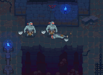 Pixel art dungeon scene with two armored enemies holding axes and a fallen character on a stone floor.