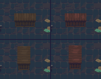 Animated pixel art of wooden chests opening and closing on a stone wall background, shown in four color variations.