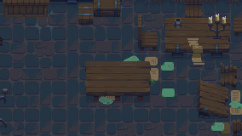 Pixel art tavern scene with wooden tables, benches, scattered papers, barrels, and a lit candelabra.