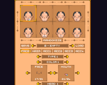 Pixel art character creator interface with face options, customization buttons, and face and mouth selectors.