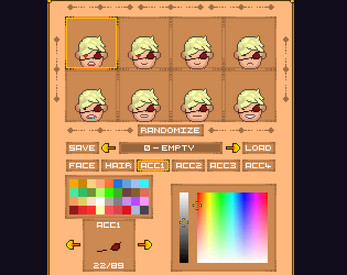Pixel art character creator interface with face options, color palettes, and accessory selection tools.