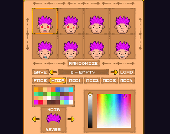 Pixel art character creator interface with options for face, hair, accessories, and color selection. Character has purple hair.