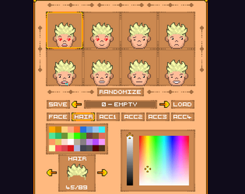 Pixel art character creator interface with hair color options, face previews, and customization buttons.