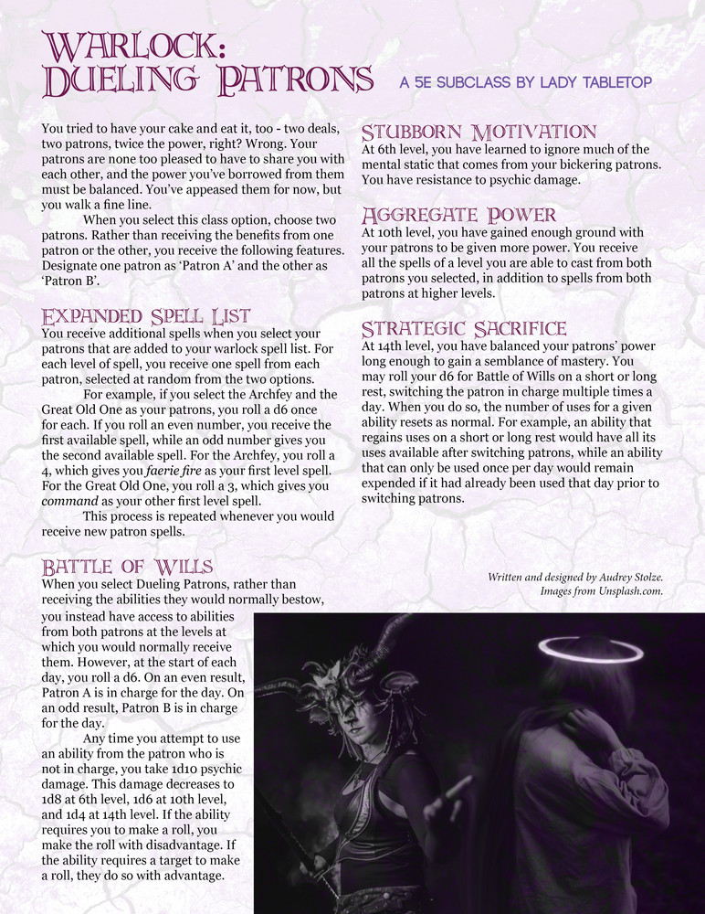 Dueling Patrons - A 5e Warlock Patron by Lady Tabletop