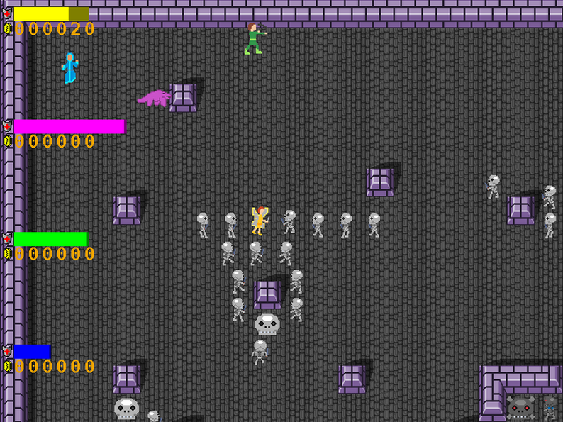 Four players fighting skeletons.