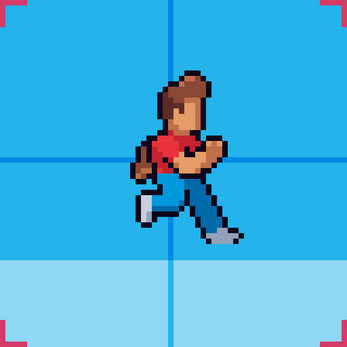 Pixel art character in red shirt and blue pants running on a blue background with crosshair lines.