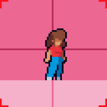 Pixel art female character with brown hair, red shirt, and blue pants on a pink background with crosshairs.