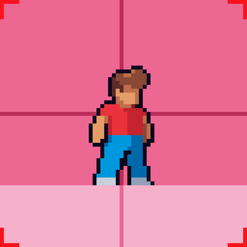 Pixel art character with brown hair, red shirt, and blue pants standing on a pink platform with a pink background
