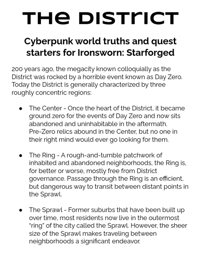 The District Cyberpunk world truths and quest starters for Ironsworn