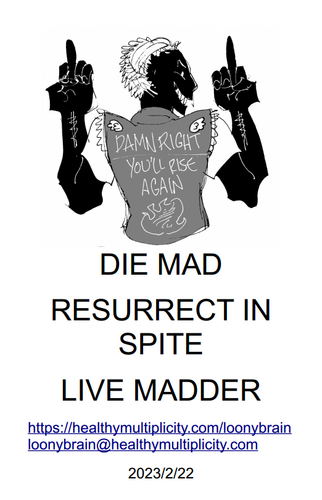 The back cover of the zine, showing the back of a black-faced ghost in white T-shirt and tattered vest, the back of which reads Damn Right You'll Rise Again. The words rise out of flames at the base, and tiny white wings adorn the shoulders. The ghost has a sharp-toothed manic grin and is giving the two finger salute.