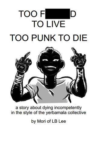 A drawing of a black-faced ghost with scarred forearms, a T-shirt, and a manic grin, raising middle fingers to the sky.