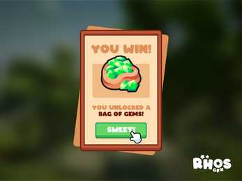 Cartoon game reward screen showing a bag of green gems, 'You win!' text, and a 'Sweet!' button.