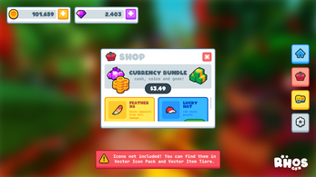 Game shop menu with currency bundle, feather, and lucky hat items, plus coin and gem counters at the top.