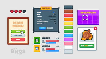Cartoon game UI with main menu, settings panel, inventory grid, character stats for knight and wizard, and coin purchase button.