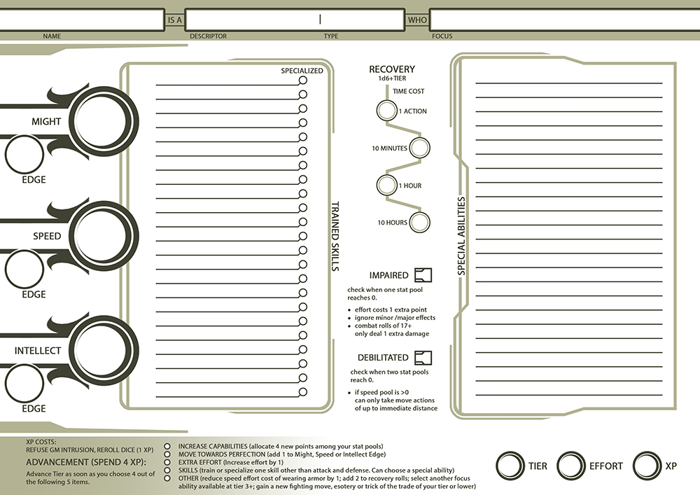 A Character Sheet for Monte Cook's Numenera by Atomic Gear