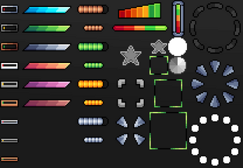Pixel art game UI elements including health bars, meters, stars, arrows, and targeting reticles on a dark background.