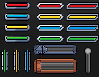 Pixel art UI elements with colored health and status bars in red, yellow, blue, and green on a dark background.