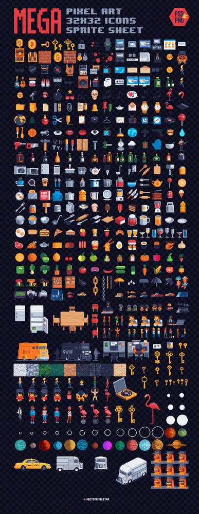 Mega Pixel Art 32x32 px. Icons Sprite Sheet by PiiiXL
