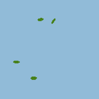 Four small pixelated green leaves falling on a light blue background