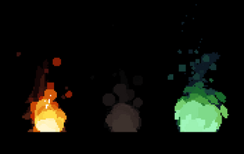 Pixel art animation of orange, black, and green fireballs with glowing effects on a black background