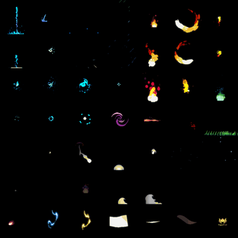 Grid of colorful 2D spell and elemental effects including fire, water, lightning, and magic swirls on a black background.