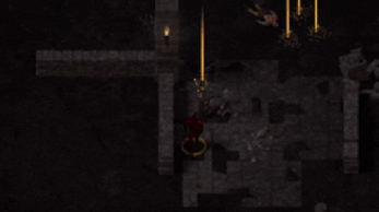 Top-down dungeon scene with a character in red casting yellow beams of light at enemies on a stone floor.