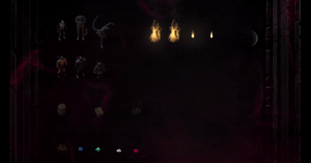 Pixel art sprites of humanoid creatures, fire, objects, and colored gems on a dark background