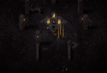 Top-down dungeon scene with a character surrounded by glowing loot and stone pillars in a dark environment.