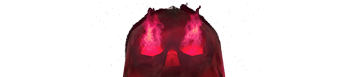 Low-poly skull with glowing red eyes emitting pink smoke on a solid maroon background