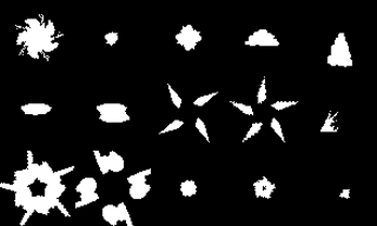 Grid of white pixel art smoke and explosion effects on a black background, various shapes and sizes shown.