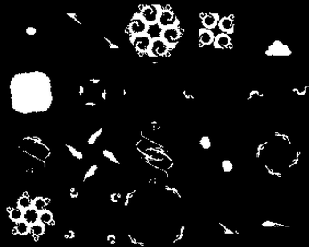 Various white pixel art smoke and swirl effects on a black background, arranged in a grid pattern.