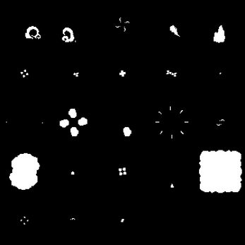 Grid of white pixel art smoke and explosion effects on a black background, various shapes and sizes.