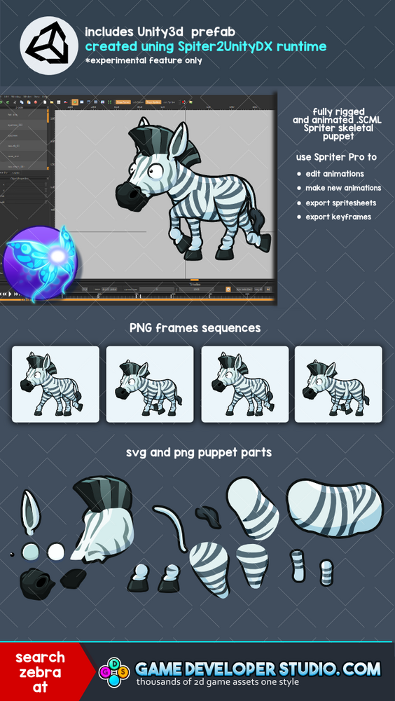 Animated zebra by Robert Brooks - gamedeveloperstudio.com