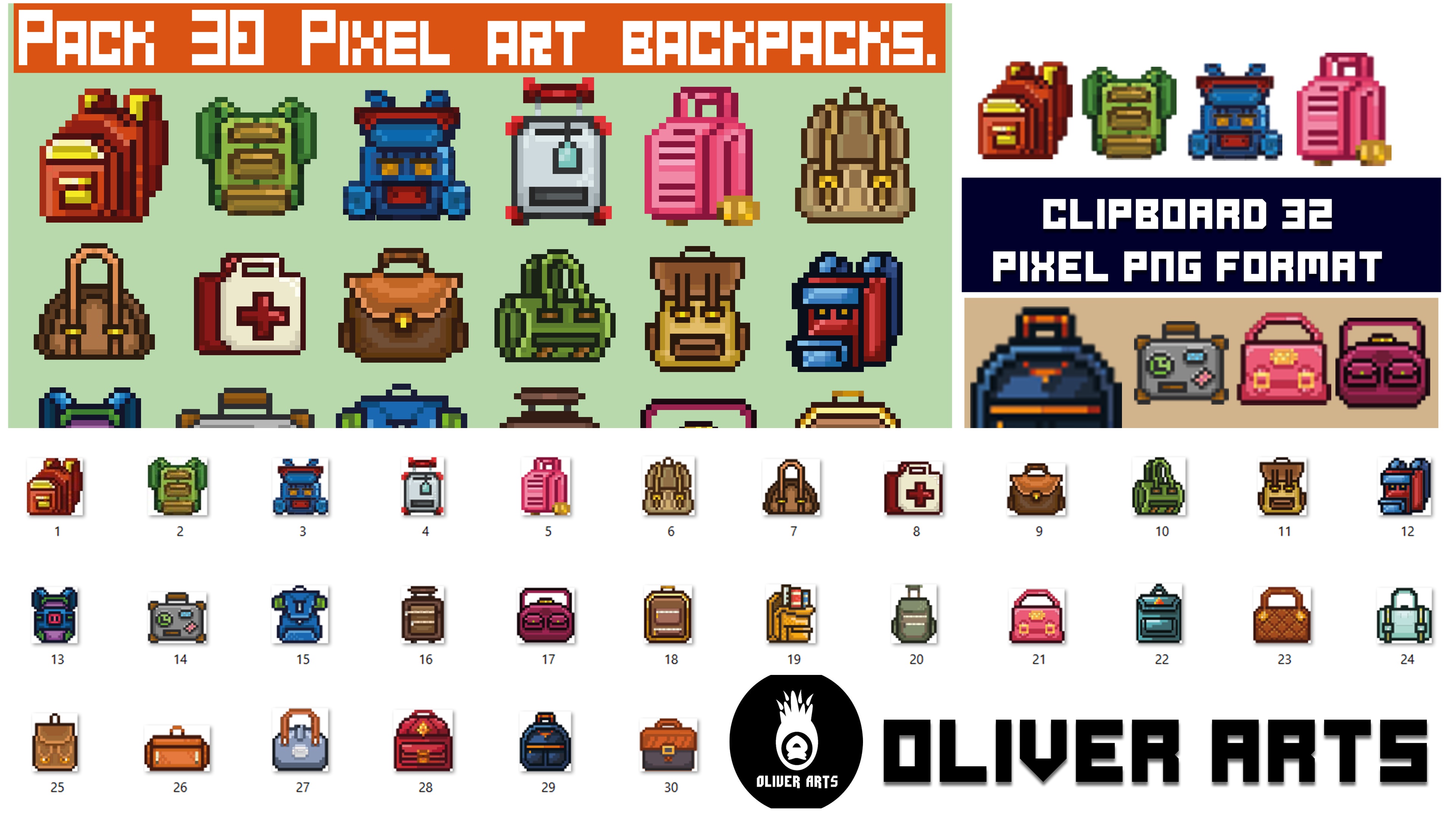 Pack of 32 backpack icons in vectorized pixel art format. by Oliver Design  Arts