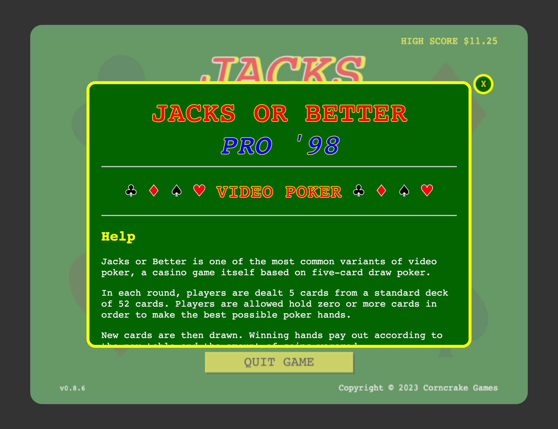 Jacks or Better Pro '98 - Video Poker by Corncrake Games