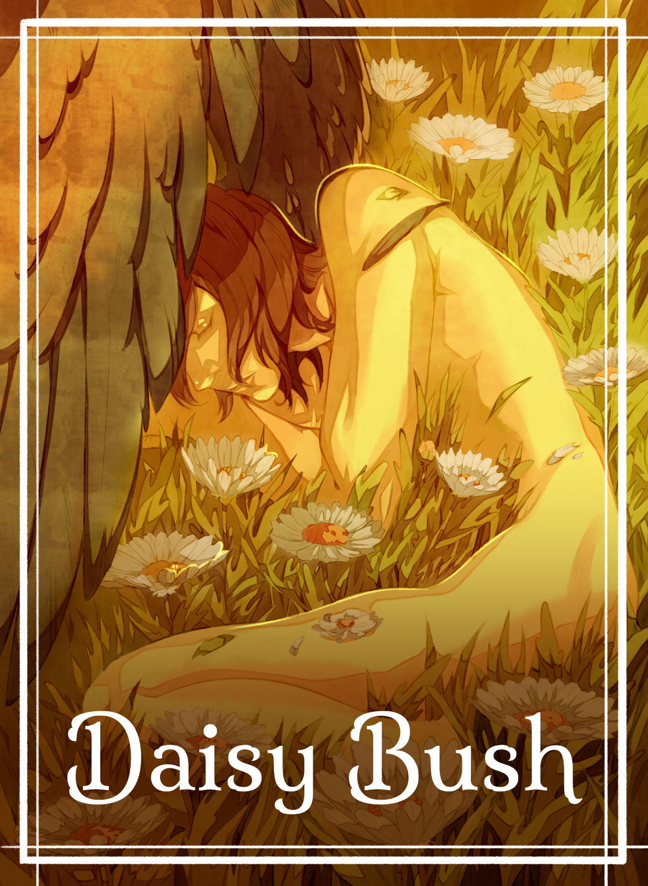 The cover of the comic "Daisy Bush" by 4threset. A naked individual, with shoulder-length brown hair, lays on their side in a field of daisies, their body shining as the yellow light of the sun hits them. A black wing partially covers their face to block out the light.