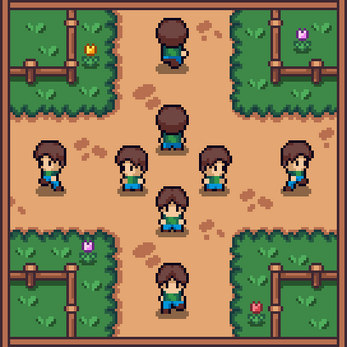Pixel art sprite sheet showing a character walking in four directions on a dirt path with grass and flowers.