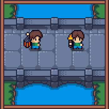 Pixel art character with brown hair and a torch walks on a stone bridge over water, shown from two angles.