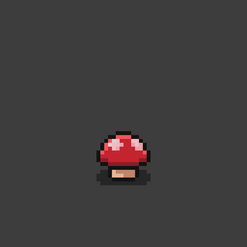 Pixel art animation of a red mushroom with a brown stem exploding into smoke on a dark background.